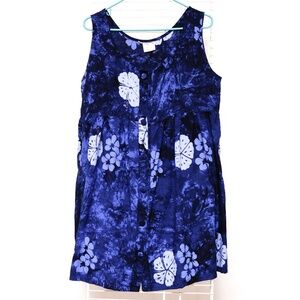 Young Fashion Blue Rayon batik button down sleeveless dress, Size L